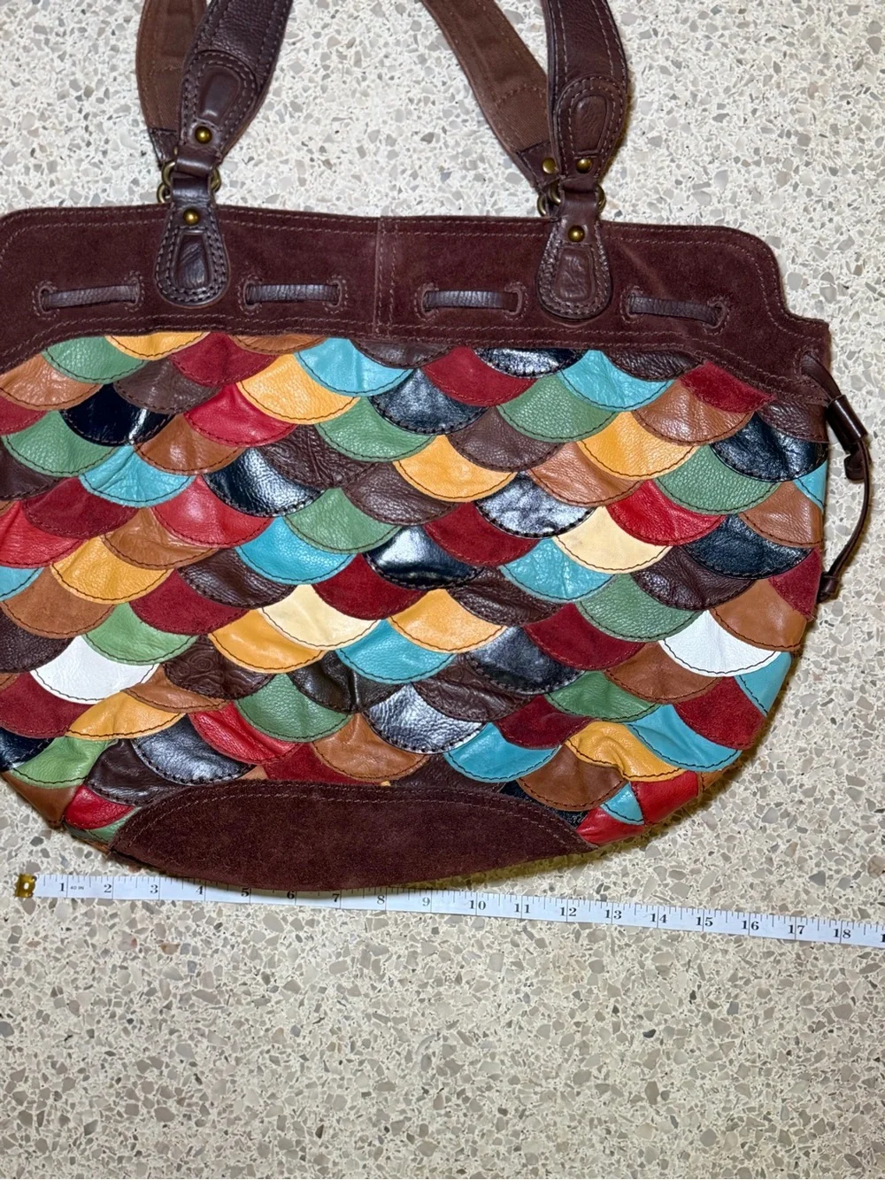 Vintage Lucky Brand Multicolor Scallop Patchwork Leather Tote - Brown Trim